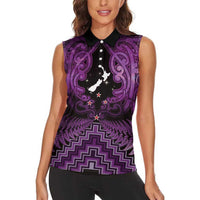 Personalised Aotearoa Matariki Women Sleeveless Polo Shirt Purple Fern Maori Poutama