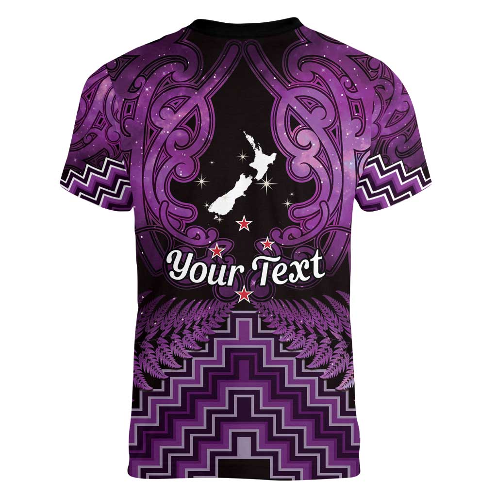 Personalised Aotearoa Matariki Women V-Neck T-Shirt Purple Fern Maori Poutama