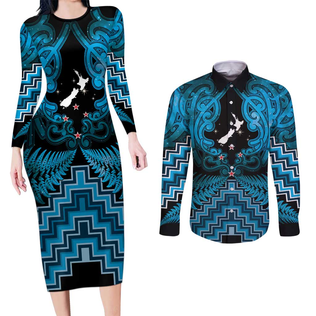 Personalised Aotearoa Matariki Couples Matching Long Sleeve Bodycon Dress and Long Sleeve Button Shirt Turquoise Fern Maori Poutama