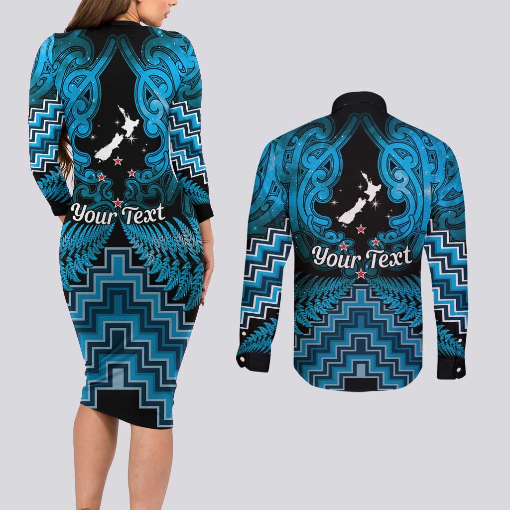 Personalised Aotearoa Matariki Couples Matching Long Sleeve Bodycon Dress and Long Sleeve Button Shirt Turquoise Fern Maori Poutama