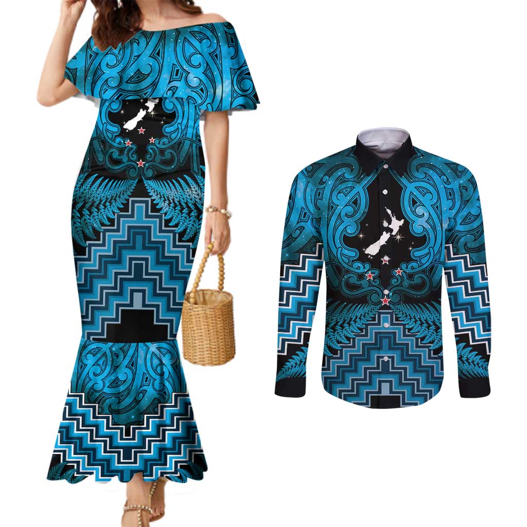 Personalised Aotearoa Matariki Couples Matching Mermaid Dress and Long Sleeve Button Shirt Turquoise Fern Maori Poutama