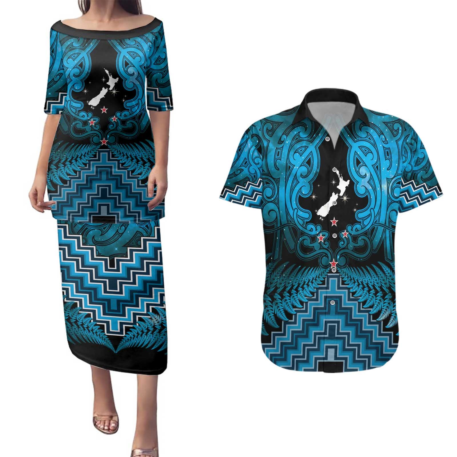 Personalised Aotearoa Matariki Couples Matching Puletasi and Hawaiian Shirt Turquoise Fern Maori Poutama LT01 Turquoise - Polynesian Pride