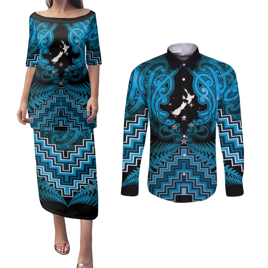 Personalised Aotearoa Matariki Couples Matching Puletasi and Long Sleeve Button Shirt Turquoise Fern Maori Poutama LT01 Turquoise - Polynesian Pride