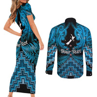 Personalised Aotearoa Matariki Couples Matching Short Sleeve Bodycon Dress and Long Sleeve Button Shirt Turquoise Fern Maori Poutama