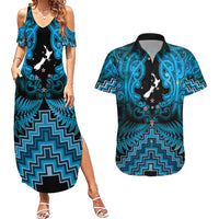 Personalised Aotearoa Matariki Couples Matching Summer Maxi Dress and Hawaiian Shirt Turquoise Fern Maori Poutama