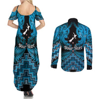 Personalised Aotearoa Matariki Couples Matching Summer Maxi Dress and Long Sleeve Button Shirt Turquoise Fern Maori Poutama
