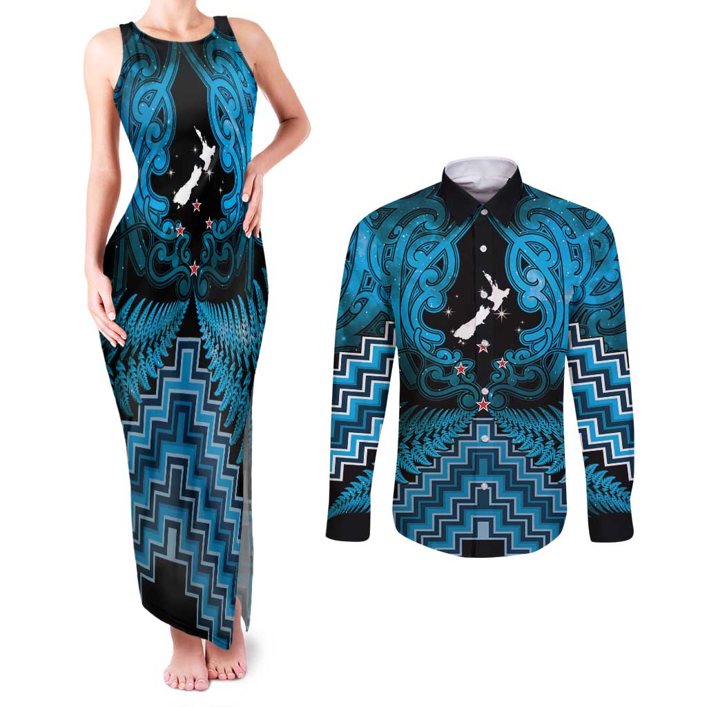 Personalised Aotearoa Matariki Couples Matching Tank Maxi Dress and Long Sleeve Button Shirt Turquoise Fern Maori Poutama