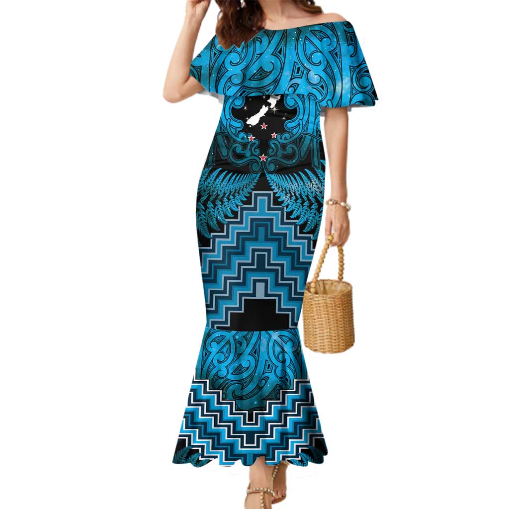 Personalised Aotearoa Matariki Family Matching Mermaid Dress and Hawaiian Shirt Turquoise Fern Maori Poutama