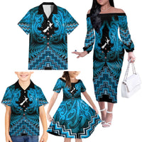 Personalised Aotearoa Matariki Family Matching Off The Shoulder Long Sleeve Dress and Hawaiian Shirt Turquoise Fern Maori Poutama