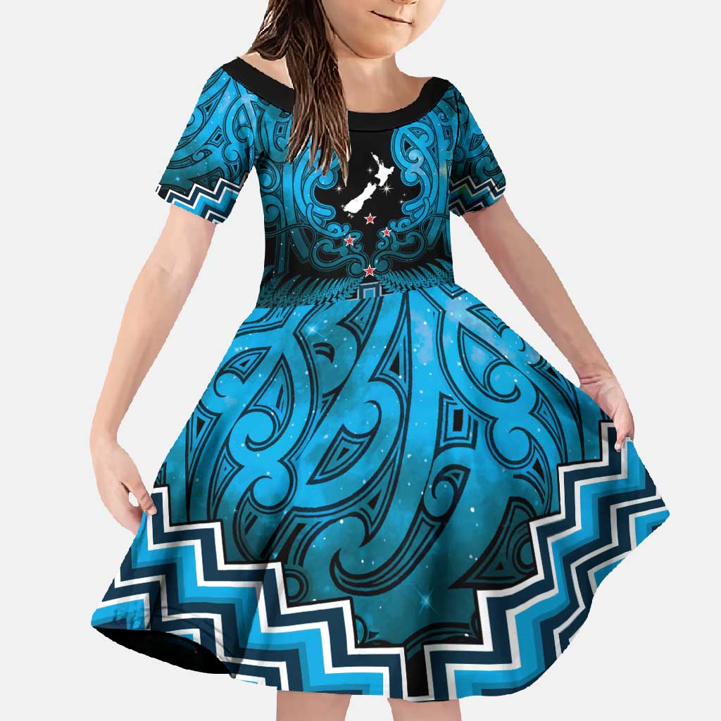 Personalised Aotearoa Matariki Family Matching Off Shoulder Maxi Dress and Hawaiian Shirt Turquoise Fern Maori Poutama