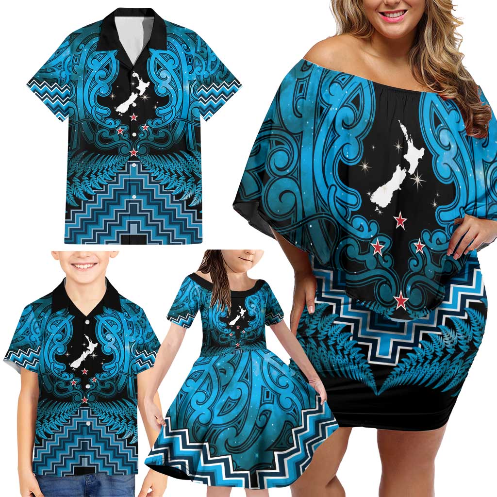 Personalised Aotearoa Matariki Family Matching Off Shoulder Short Dress and Hawaiian Shirt Turquoise Fern Maori Poutama