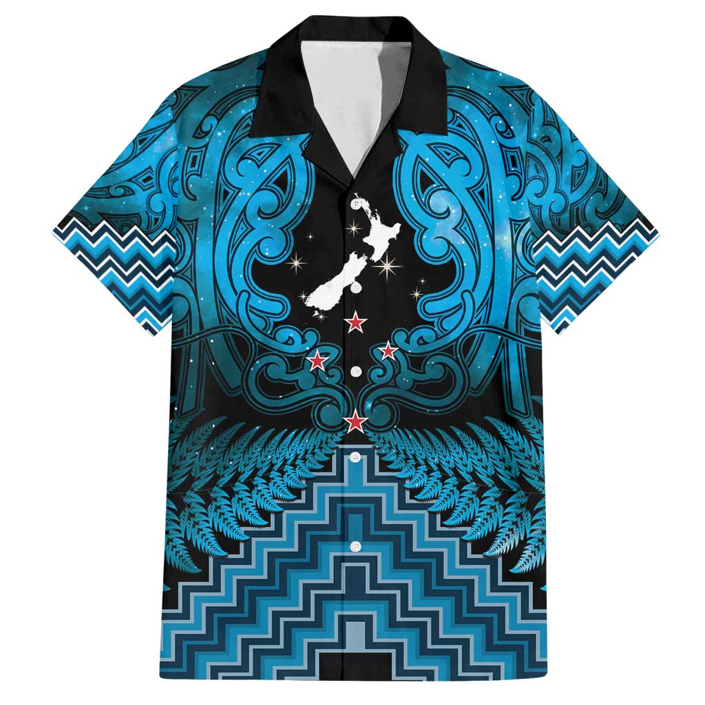 Personalised Aotearoa Matariki Family Matching Off Shoulder Short Dress and Hawaiian Shirt Turquoise Fern Maori Poutama