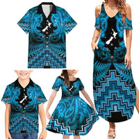 Personalised Aotearoa Matariki Family Matching Summer Maxi Dress and Hawaiian Shirt Turquoise Fern Maori Poutama