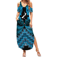 Personalised Aotearoa Matariki Family Matching Summer Maxi Dress and Hawaiian Shirt Turquoise Fern Maori Poutama