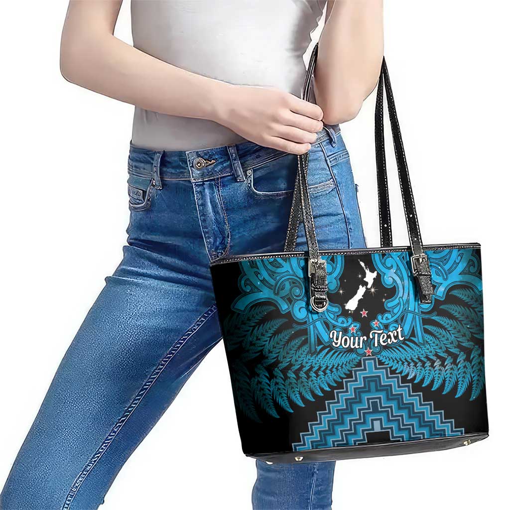 Personalised Aotearoa Matariki Leather Tote Bag Turquoise Fern Maori Poutama
