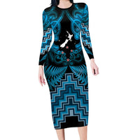 Personalised Aotearoa Matariki Long Sleeve Bodycon Dress Turquoise Fern Maori Poutama