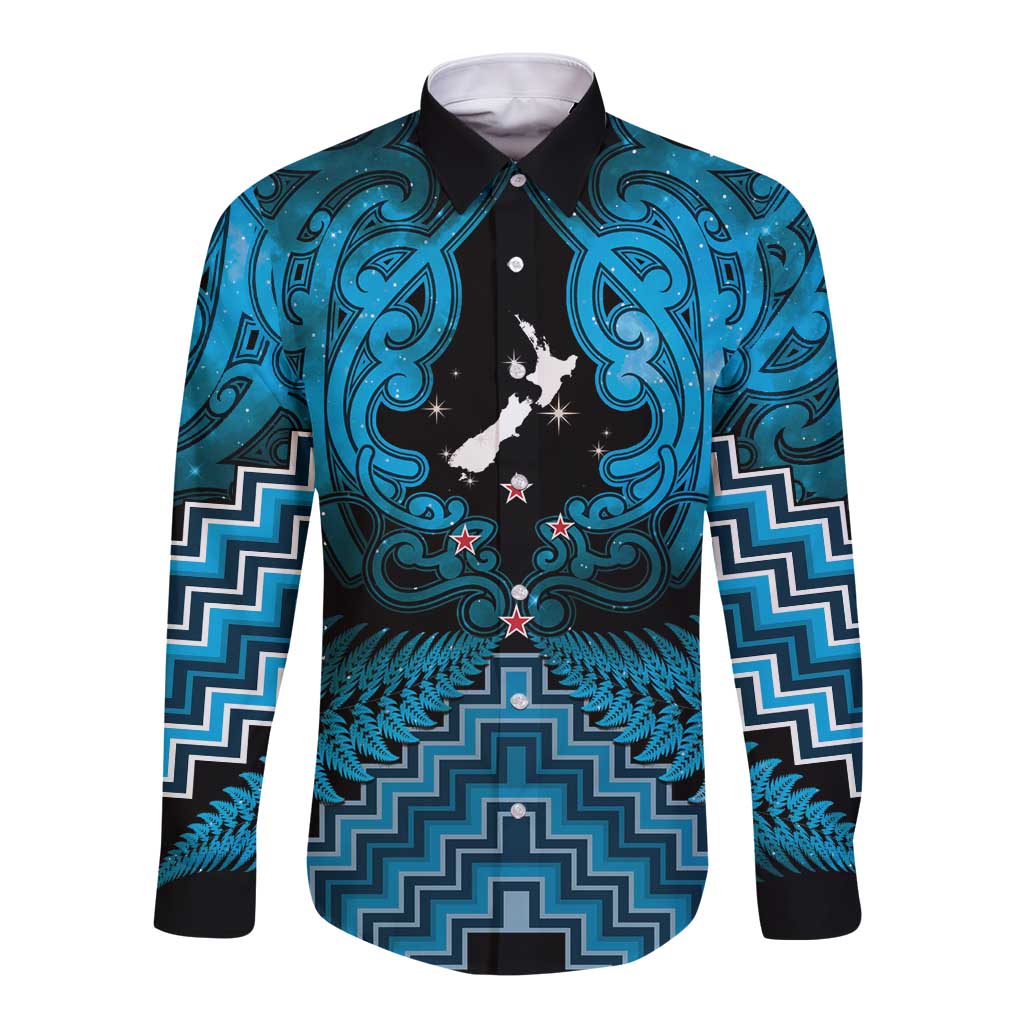 Personalised Aotearoa Matariki Long Sleeve Button Shirt Turquoise Fern Maori Poutama LT01 Unisex Turquoise - Polynesian Pride