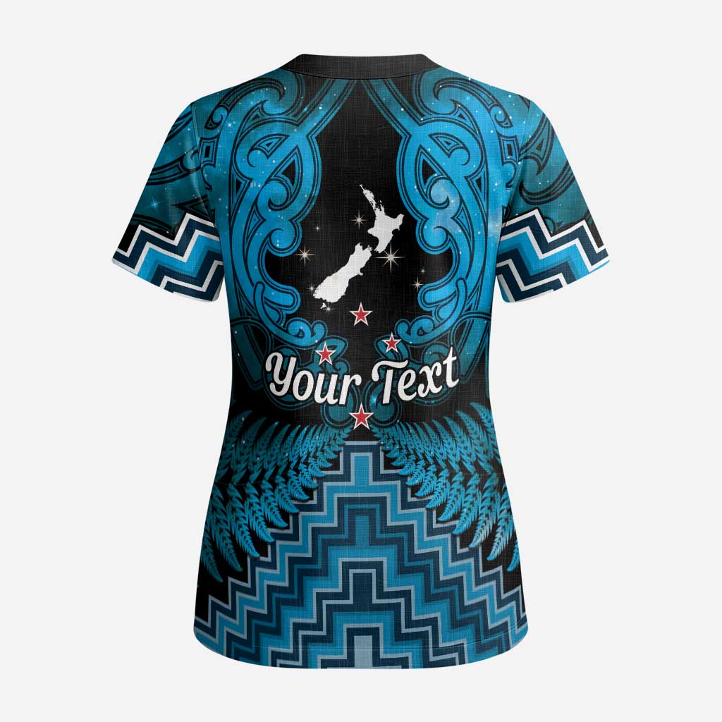 Personalised Aotearoa Matariki Scrub Top Turquoise Fern Maori Poutama - Polynesian Pride