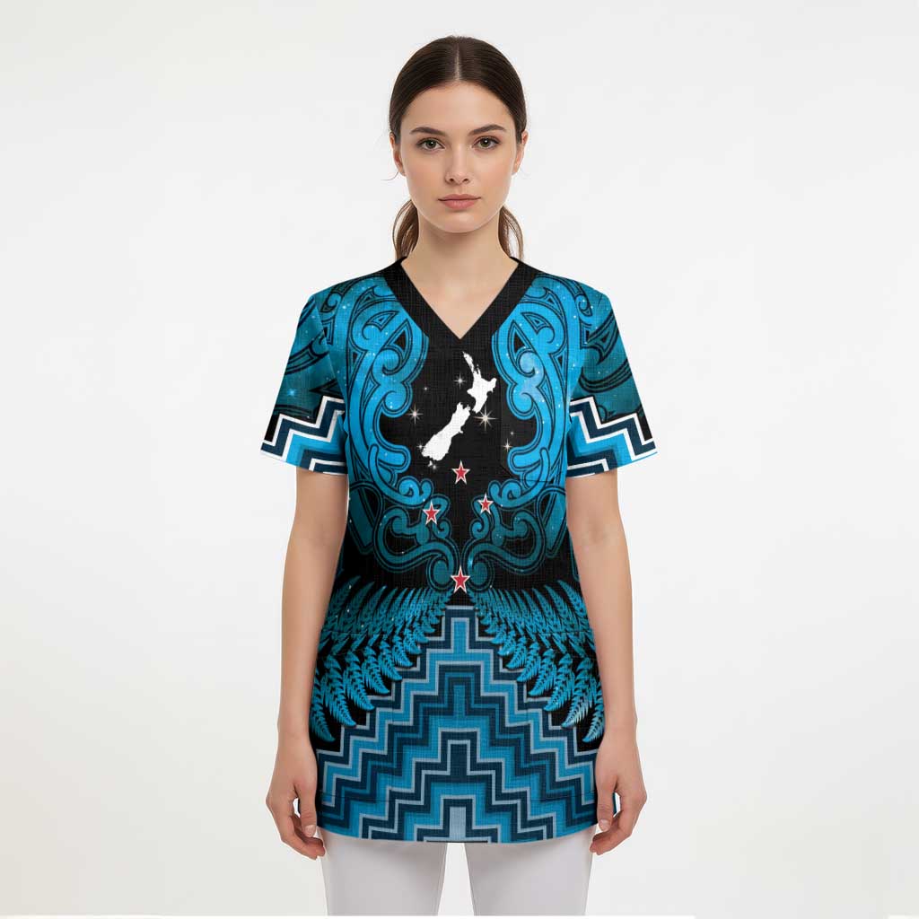 Personalised Aotearoa Matariki Scrub Top Turquoise Fern Maori Poutama - Polynesian Pride