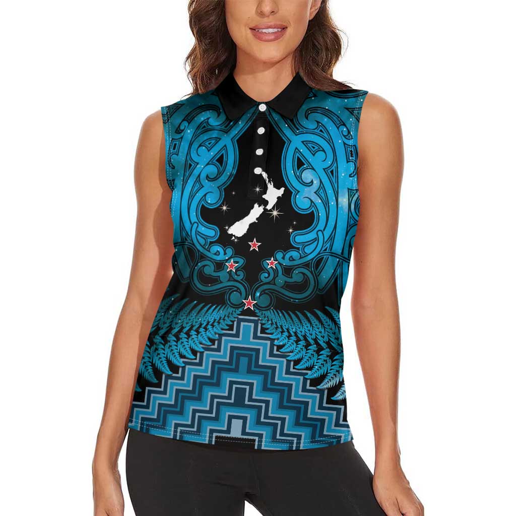 Personalised Aotearoa Matariki Women Sleeveless Polo Shirt Turquoise Fern Maori Poutama