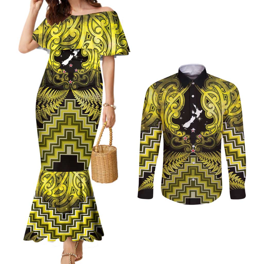 Personalised Aotearoa Matariki Couples Matching Mermaid Dress and Long Sleeve Button Shirt Yellow Fern Maori Poutama
