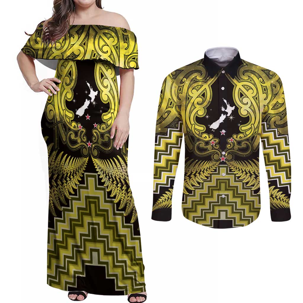 Personalised Aotearoa Matariki Couples Matching Off Shoulder Maxi Dress and Long Sleeve Button Shirt Yellow Fern Maori Poutama
