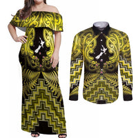 Personalised Aotearoa Matariki Couples Matching Off Shoulder Maxi Dress and Long Sleeve Button Shirt Yellow Fern Maori Poutama