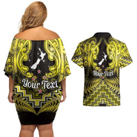 Personalised Aotearoa Matariki Couples Matching Off Shoulder Short Dress and Hawaiian Shirt Yellow Fern Maori Poutama