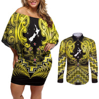 Personalised Aotearoa Matariki Couples Matching Off Shoulder Short Dress and Long Sleeve Button Shirt Yellow Fern Maori Poutama