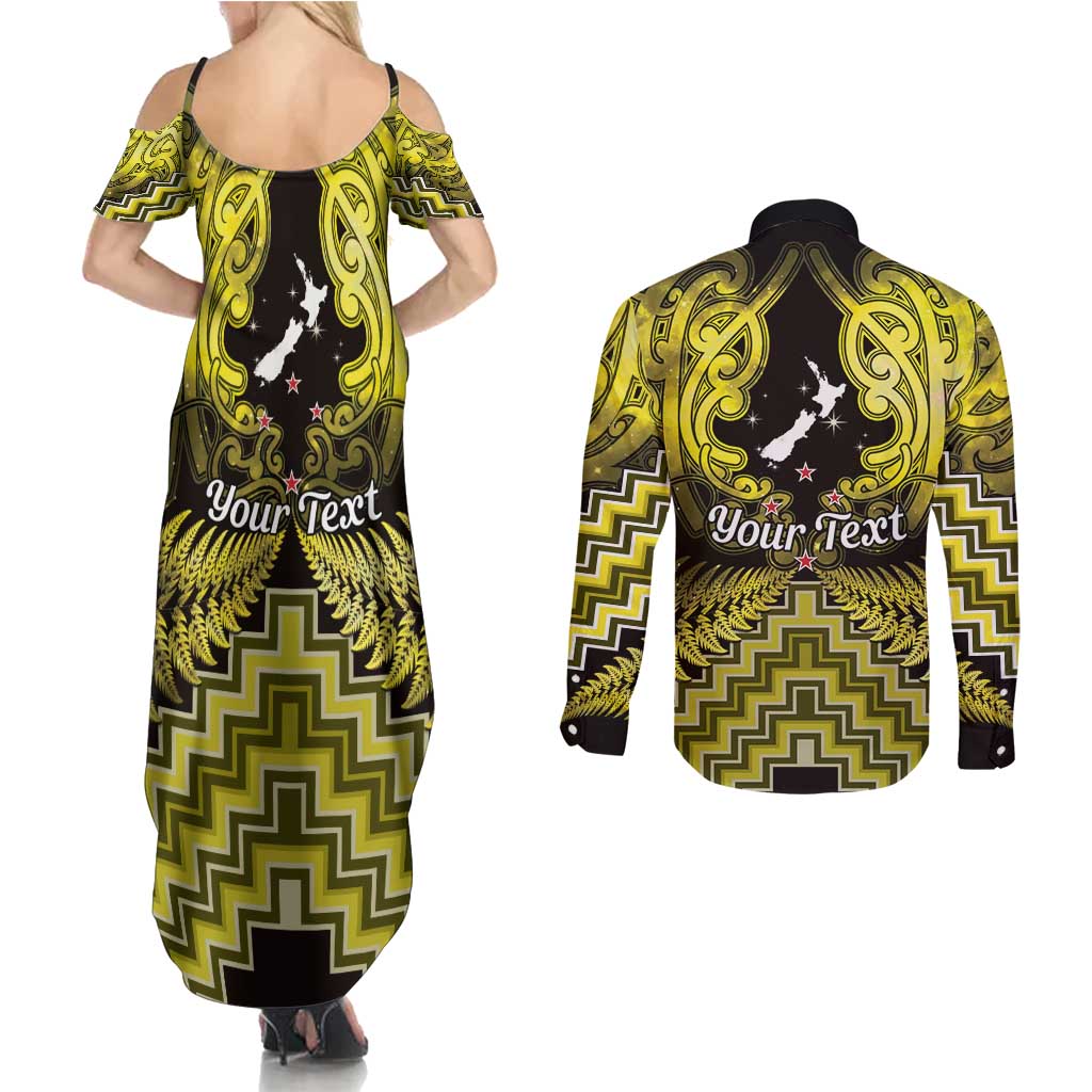 Personalised Aotearoa Matariki Couples Matching Summer Maxi Dress and Long Sleeve Button Shirt Yellow Fern Maori Poutama