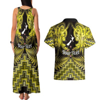 Personalised Aotearoa Matariki Couples Matching Tank Maxi Dress and Hawaiian Shirt Yellow Fern Maori Poutama
