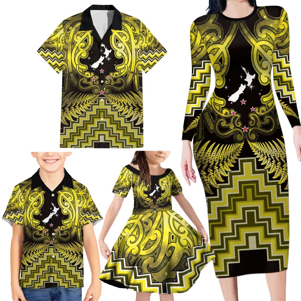 Personalised Aotearoa Matariki Family Matching Long Sleeve Bodycon Dress and Hawaiian Shirt Yellow Fern Maori Poutama