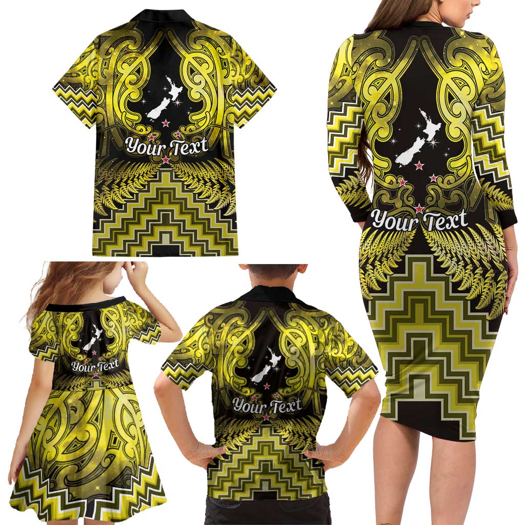 Personalised Aotearoa Matariki Family Matching Long Sleeve Bodycon Dress and Hawaiian Shirt Yellow Fern Maori Poutama