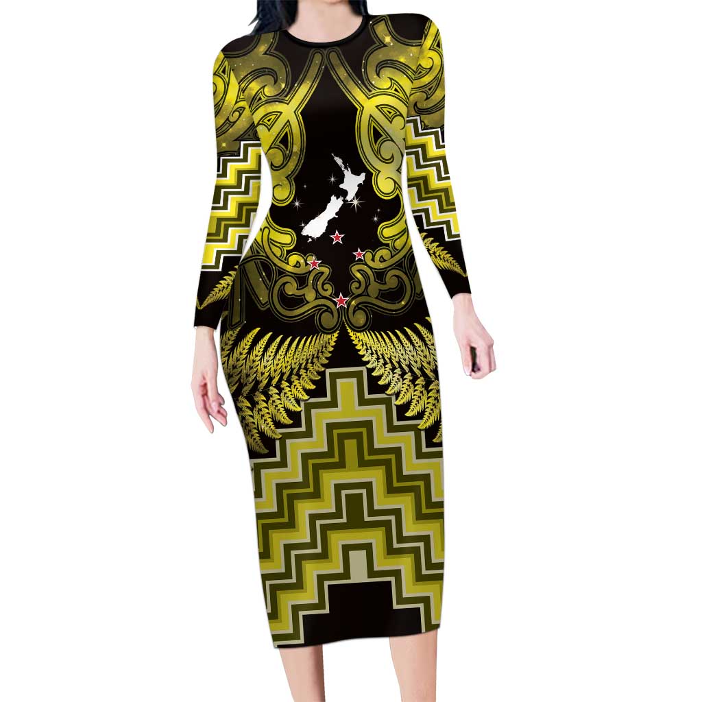 Personalised Aotearoa Matariki Family Matching Long Sleeve Bodycon Dress and Hawaiian Shirt Yellow Fern Maori Poutama