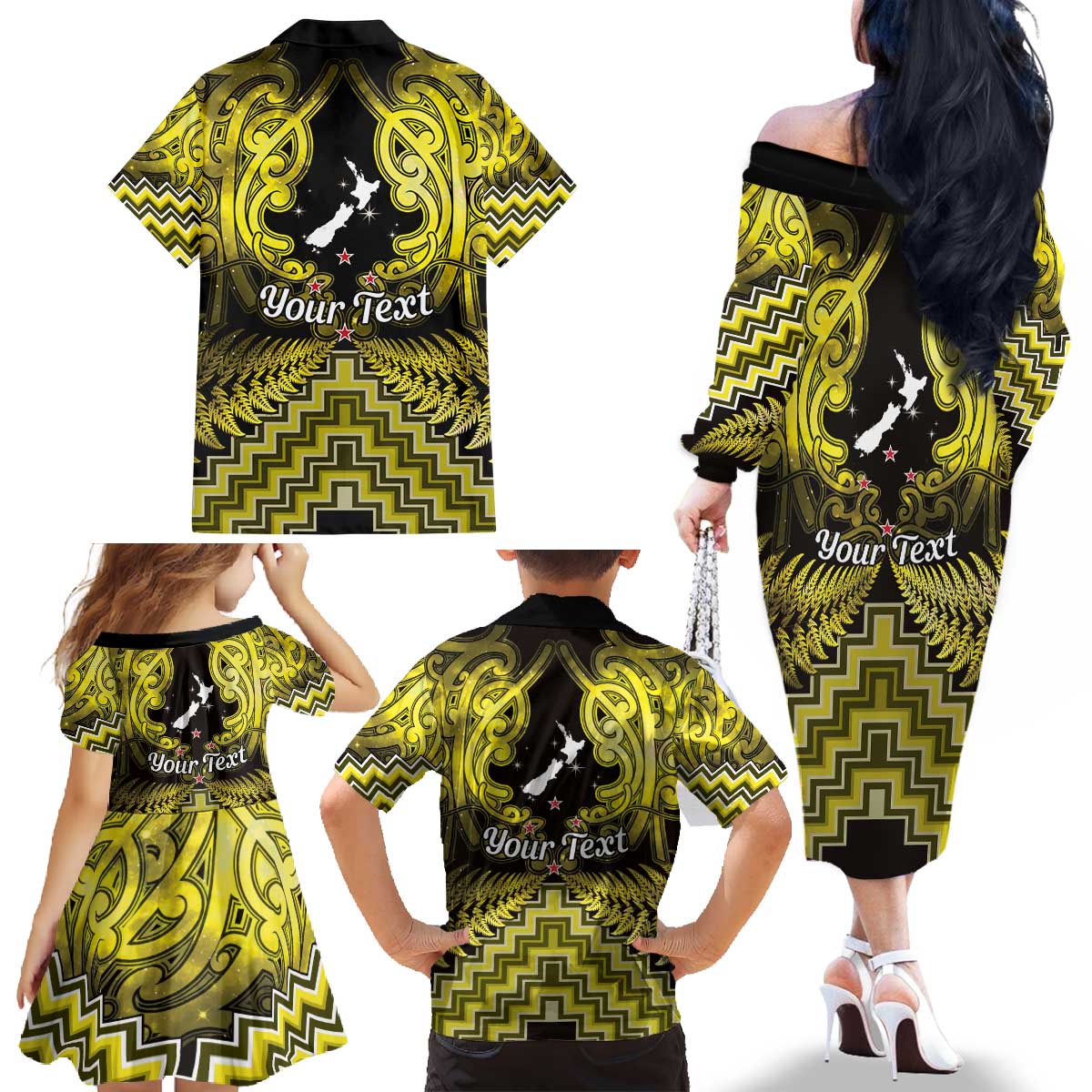 Personalised Aotearoa Matariki Family Matching Off The Shoulder Long Sleeve Dress and Hawaiian Shirt Yellow Fern Maori Poutama