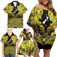 Personalised Aotearoa Matariki Family Matching Off Shoulder Short Dress and Hawaiian Shirt Yellow Fern Maori Poutama