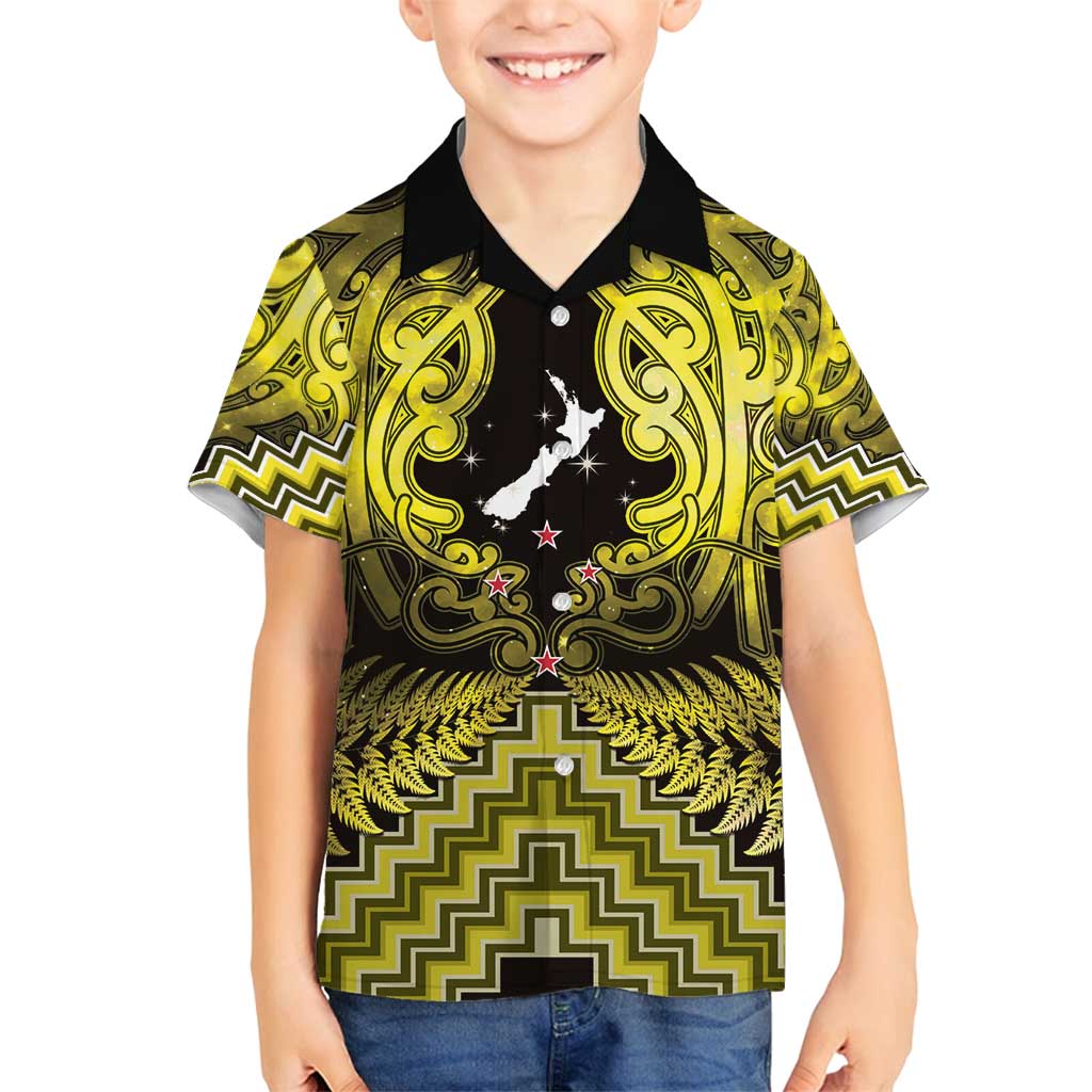 Personalised Aotearoa Matariki Family Matching Off Shoulder Short Dress and Hawaiian Shirt Yellow Fern Maori Poutama