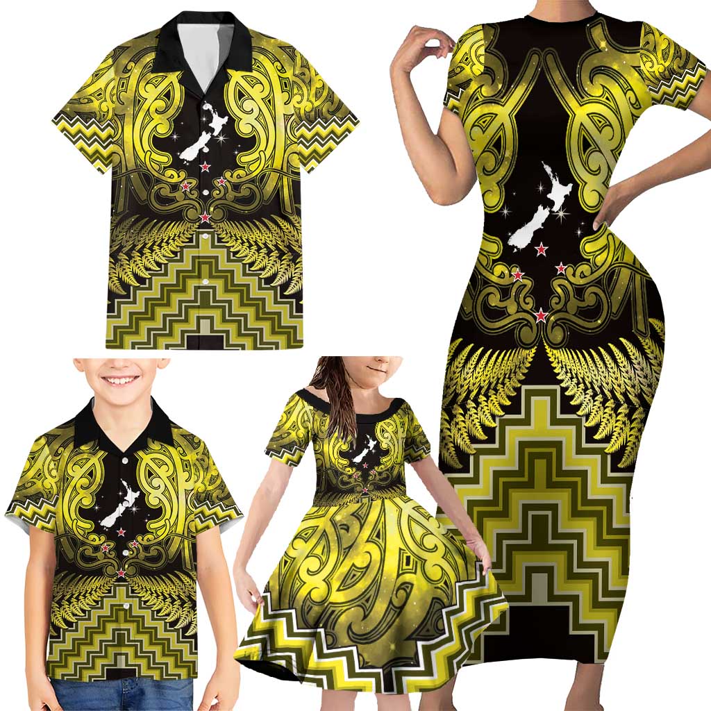 Personalised Aotearoa Matariki Family Matching Short Sleeve Bodycon Dress and Hawaiian Shirt Yellow Fern Maori Poutama