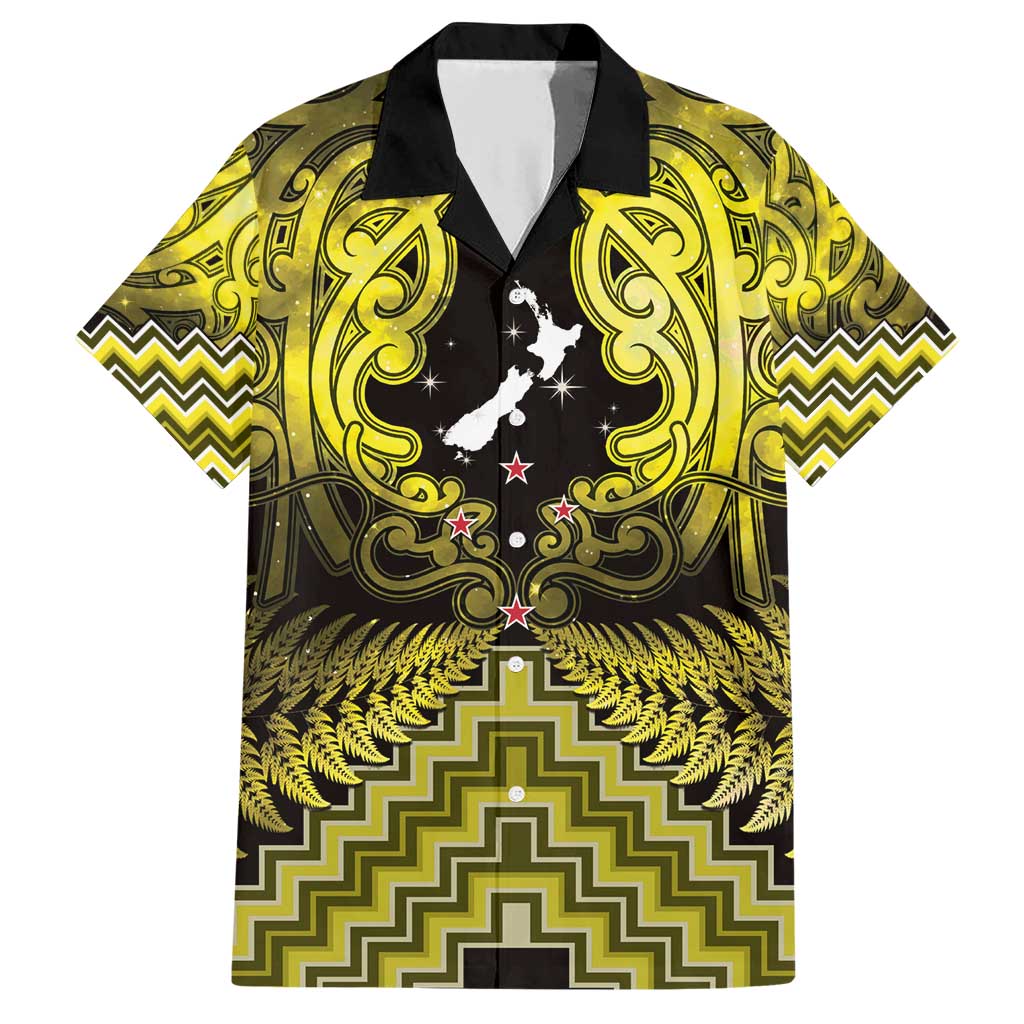 Personalised Aotearoa Matariki Family Matching Short Sleeve Bodycon Dress and Hawaiian Shirt Yellow Fern Maori Poutama