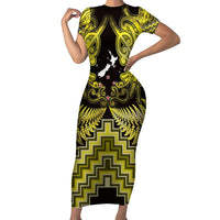 Personalised Aotearoa Matariki Family Matching Short Sleeve Bodycon Dress and Hawaiian Shirt Yellow Fern Maori Poutama
