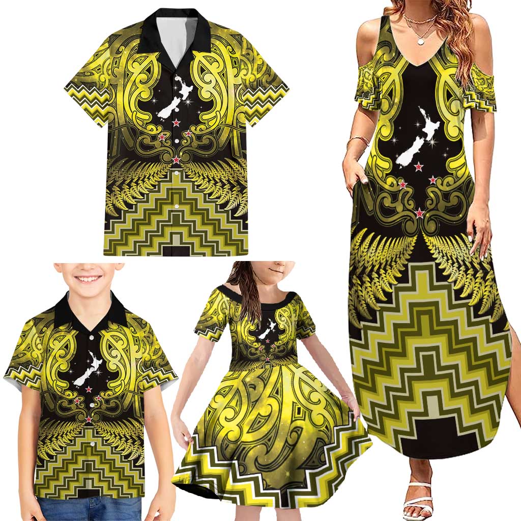 Personalised Aotearoa Matariki Family Matching Summer Maxi Dress and Hawaiian Shirt Yellow Fern Maori Poutama