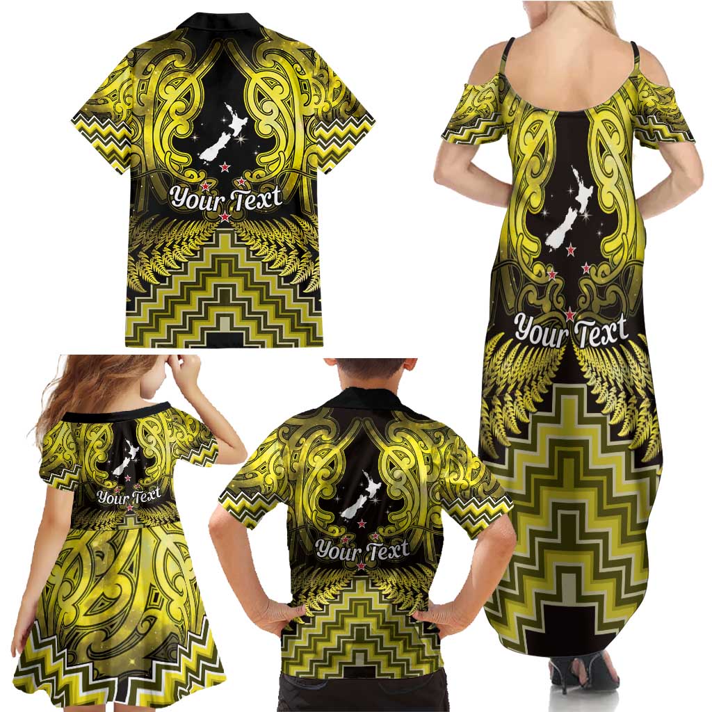 Personalised Aotearoa Matariki Family Matching Summer Maxi Dress and Hawaiian Shirt Yellow Fern Maori Poutama