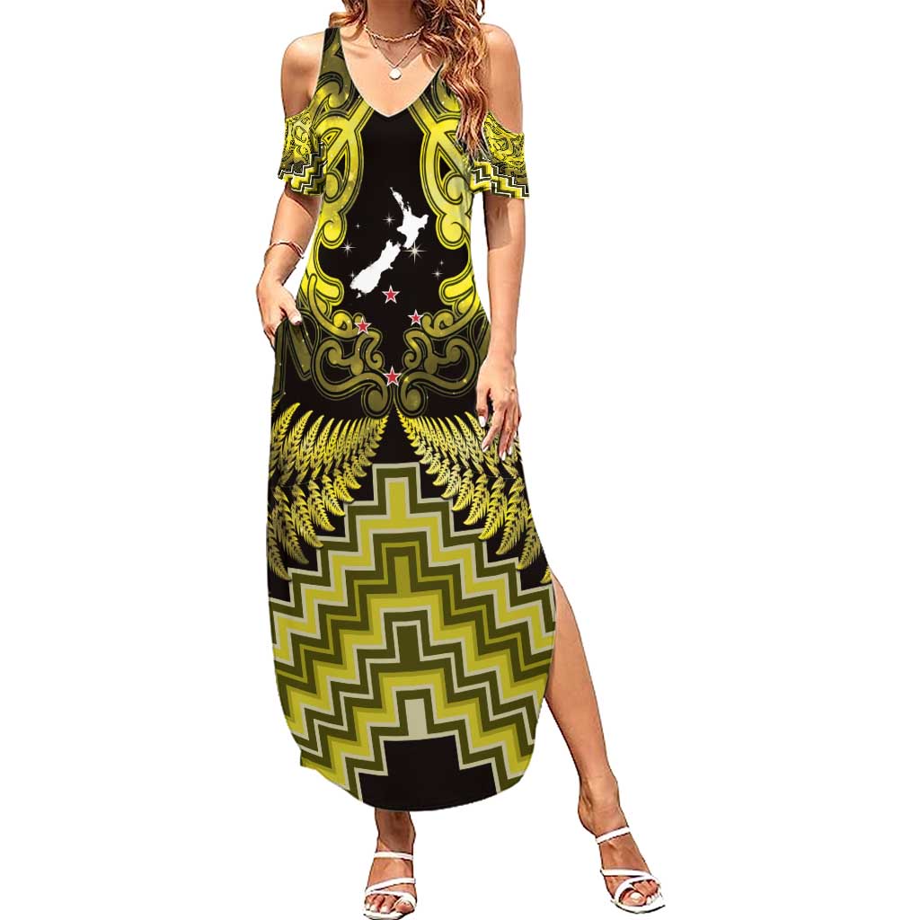 Personalised Aotearoa Matariki Family Matching Summer Maxi Dress and Hawaiian Shirt Yellow Fern Maori Poutama