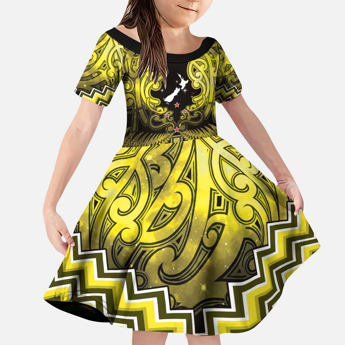 Personalised Aotearoa Matariki Kid Short Sleeve Dress Yellow Fern Maori Poutama