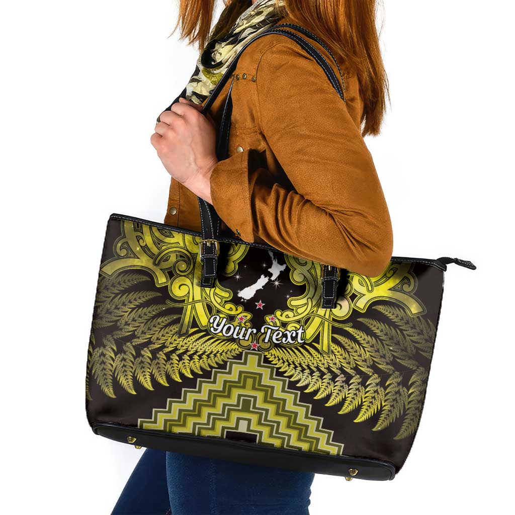 Personalised Aotearoa Matariki Leather Tote Bag Yellow Fern Maori Poutama