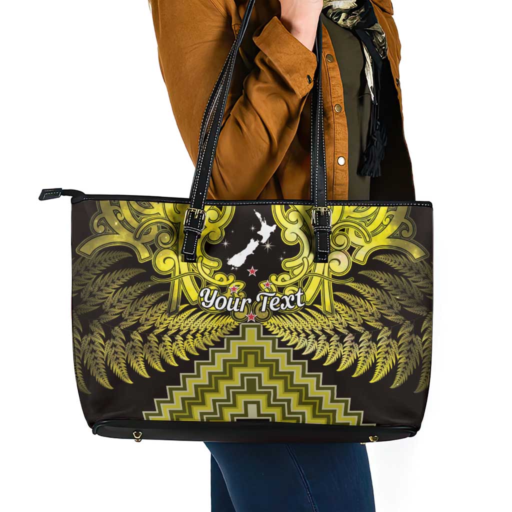 Personalised Aotearoa Matariki Leather Tote Bag Yellow Fern Maori Poutama