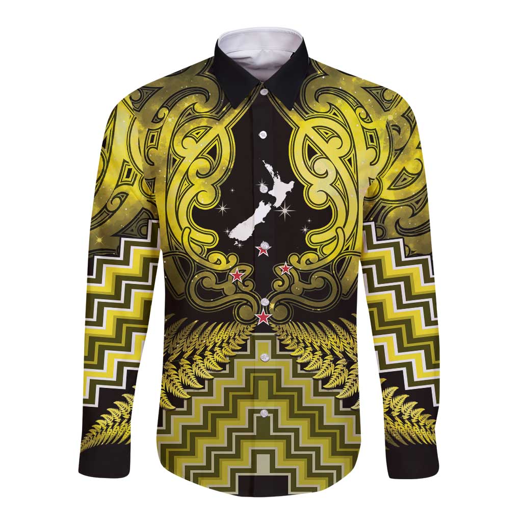 Personalised Aotearoa Matariki Long Sleeve Button Shirt Yellow Fern Maori Poutama LT01 Unisex Yellow - Polynesian Pride