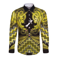 Personalised Aotearoa Matariki Long Sleeve Button Shirt Yellow Fern Maori Poutama LT01 Unisex Yellow - Polynesian Pride