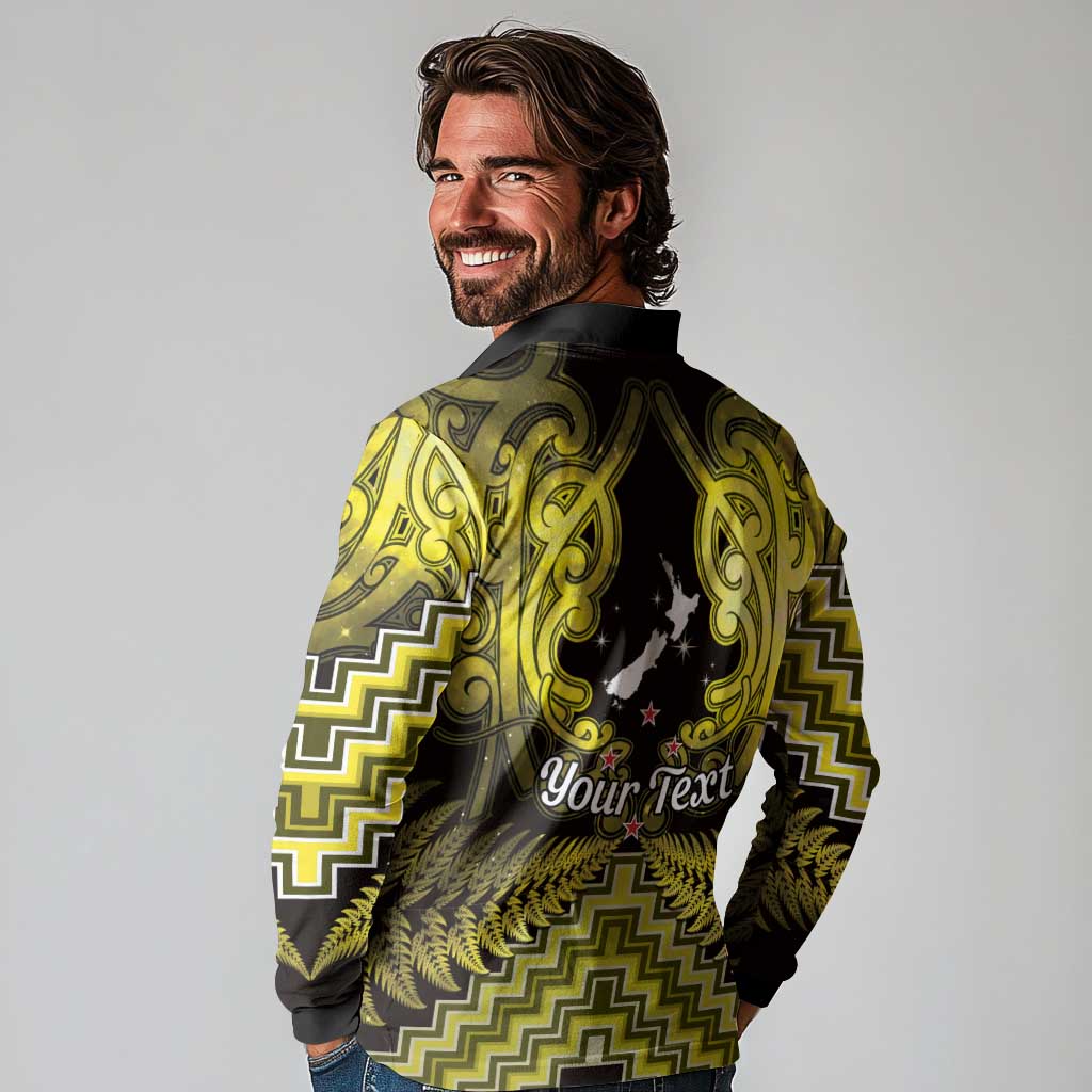 Personalised Aotearoa Matariki Long Sleeve Polo Shirt Yellow Fern Maori Poutama