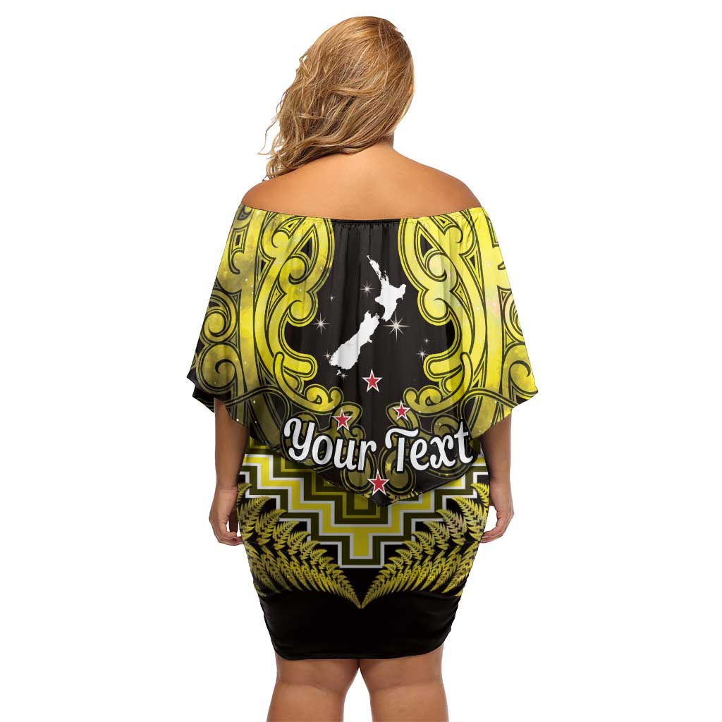 Personalised Aotearoa Matariki Off Shoulder Short Dress Yellow Fern Maori Poutama